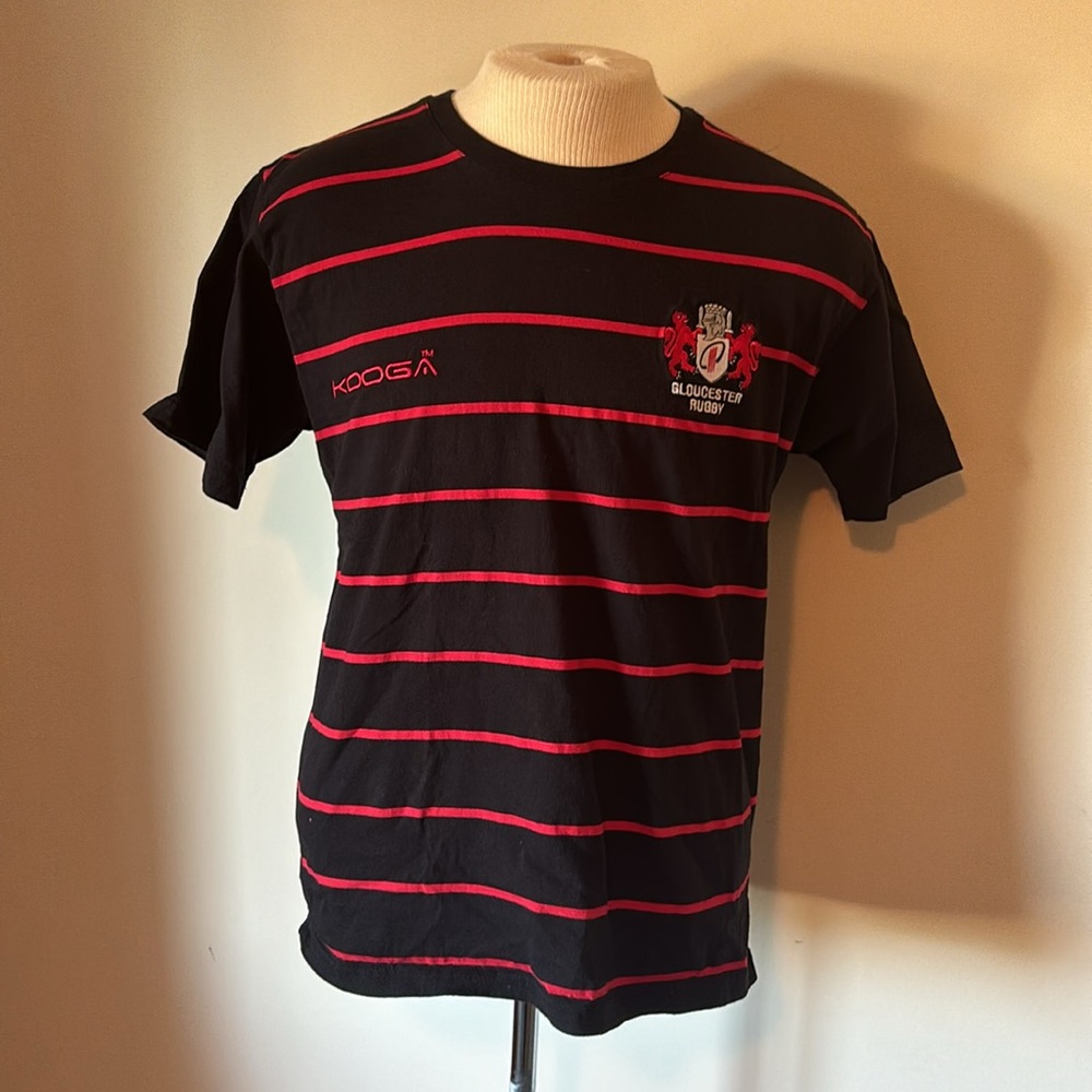 Kooga Men's Navy and Red Striped Gloucester Rugby Shirt Size Medium